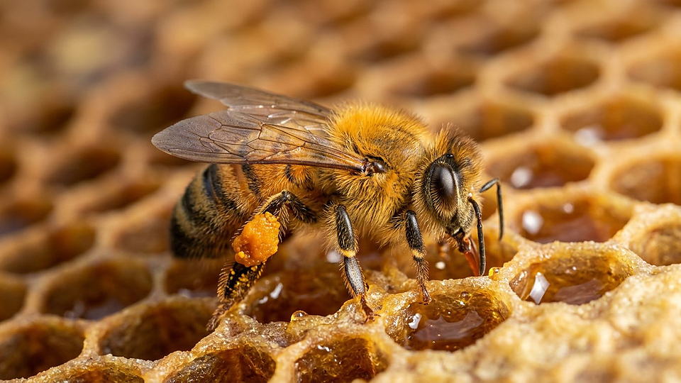 Illustration photoréaliste en lien avec la fiche « La danse frétillante de l'abeille apparaît pour une source éloignée de plus d'environ 50 mètres. » : Abeille butinant une fleur sauvage.