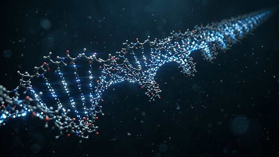 Illustration photoréaliste en lien avec la fiche « Une densité d'information » : Double hélice d'ADN où courent des séquences de lumière, comme une donnée.