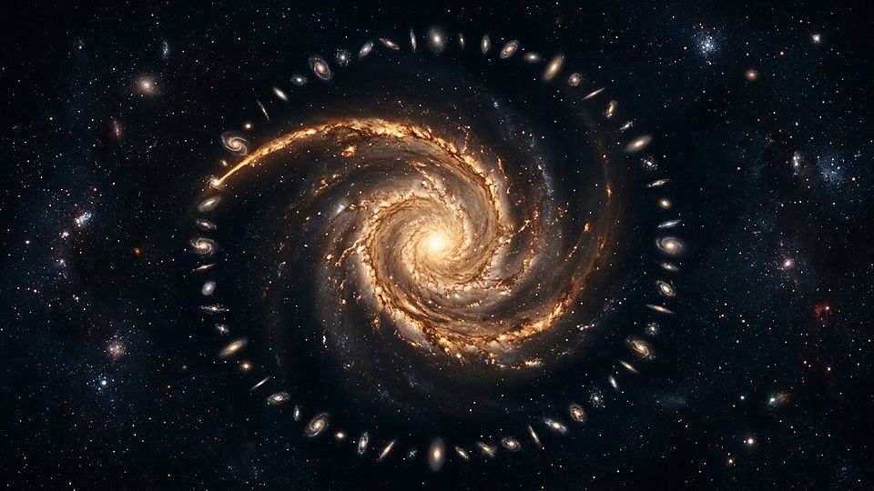 Illustration photoréaliste en lien avec la fiche « Un univers qui a un âge mesurable » : Horloge cosmique, spirale sans graduation.