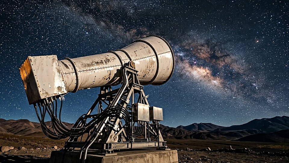 Illustration photoréaliste en lien avec la fiche « Un rayonnement venu de partout » : Antenne cornet de radioastronomie sous les étoiles.