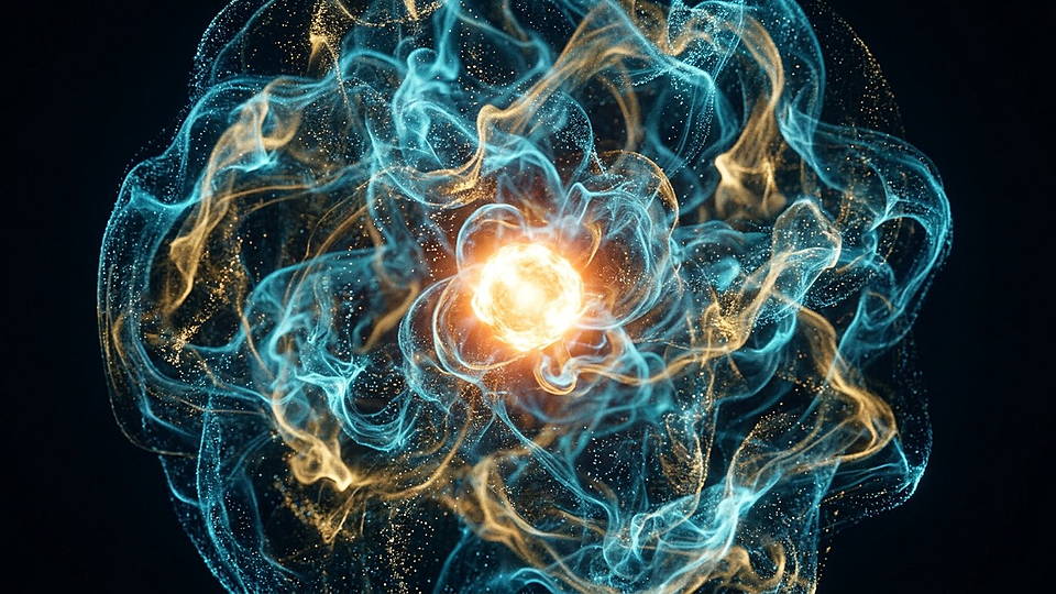 Illustration photoréaliste en lien avec la fiche « L'énergie de Hartree est l'unité naturelle d'énergie en physique atomique. » : Atome comme objet de joaillerie, noyau incandescent et nuage électronique.
