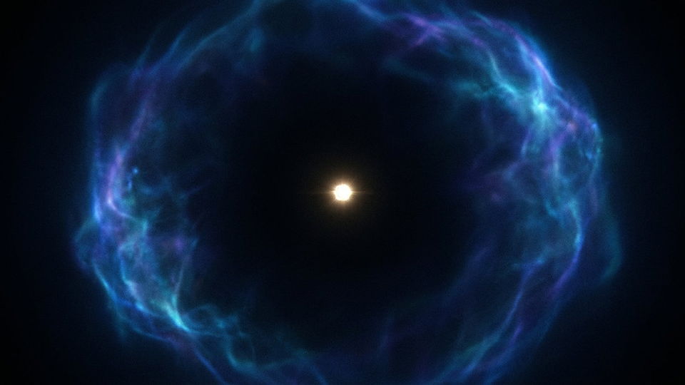 Illustration photoréaliste en lien avec la fiche « Un atome surtout vide » : Noyau minuscule au centre d'un espace noir, nuée électronique lointaine.