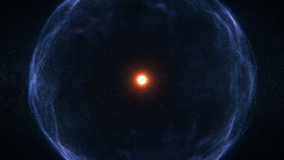 Illustration photoréaliste en lien avec la fiche « Le rayon classique de l'électron est une grandeur construite, pas une taille mesurée. » : Atome surtout vide : noyau minuscule, voile électronique lointain.