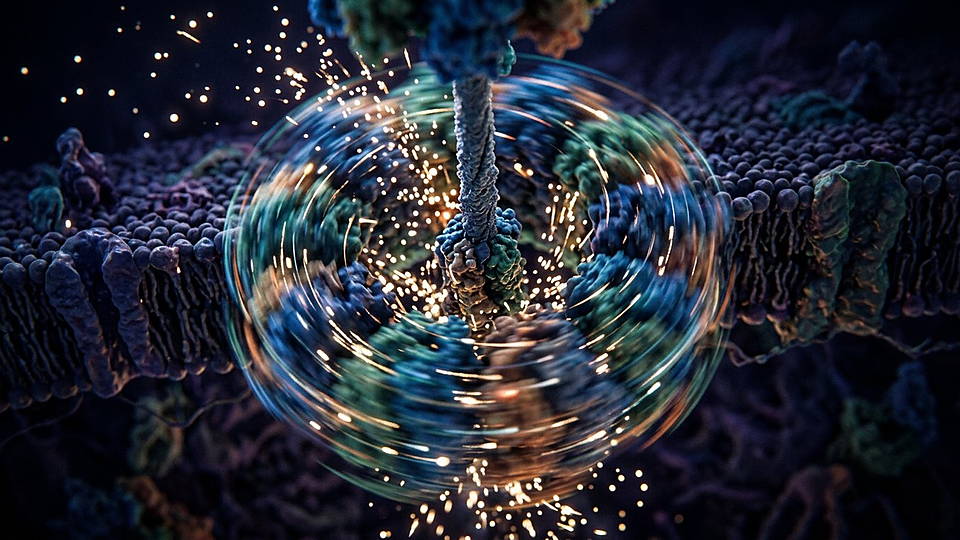 Illustration photoréaliste en lien avec la fiche « L'ATP synthase peut tourner jusqu'à environ 350 tours par seconde. » : Moteur moléculaire rotatif et flux de protons.