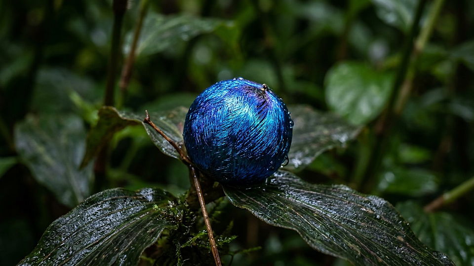 Illustration photoréaliste en lien avec la fiche « Ses microfibrilles de cellulose mesurent environ 5 nm et forment un pas de 125 à 200 nm. » : Baie de Pollia condensata, bleu métallique fait de microfibres, sans pigment.