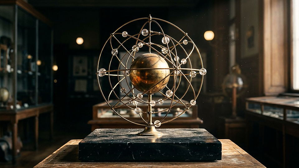 Illustration photoréaliste en lien avec la fiche « L'énergie de Rydberg correspond à l'énergie d'ionisation de l'hydrogène. » : Modèle atomique de musée, noyau doré et orbites.