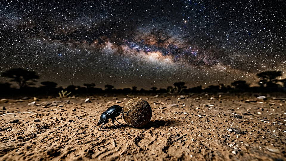 Illustration photoréaliste en lien avec la fiche « Le bousier africain s'oriente la nuit grâce à la bande lumineuse de la Voie lactée. » : Bousier poussant sa boule sous la bande de la Voie lactée.