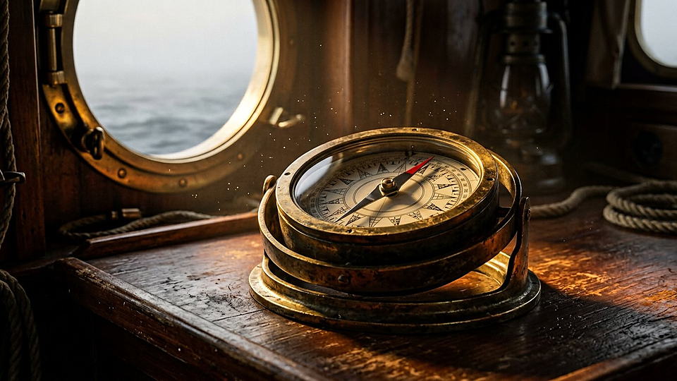 Illustration photoréaliste en lien avec la fiche « Le champ magnétique terrestre à la surface varie selon le lieu. » : Boussole marine en laiton sur une table de navire, aiguille aimantée.