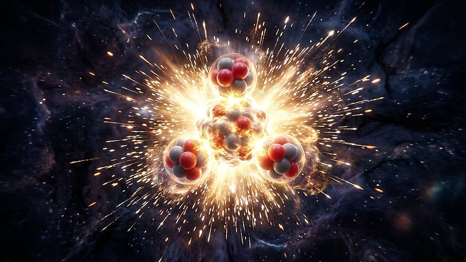 Illustration photoréaliste en lien avec la fiche « Un état excité du carbone 12 existe à 7,65 MeV, comme prédit avant sa mise en évidence. » : Noyau de carbone 12 excité, fusion triple alpha.