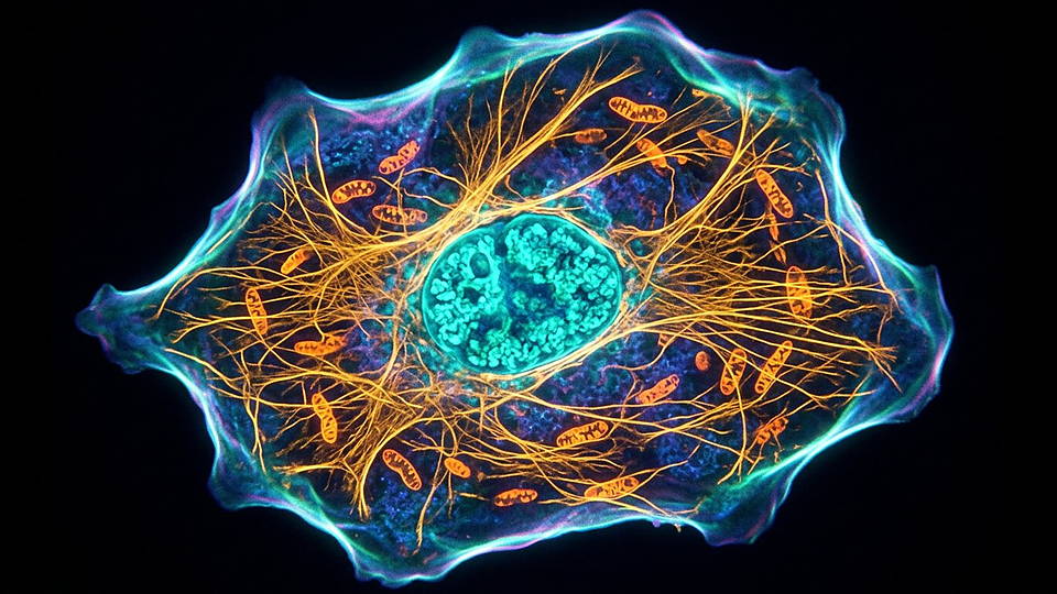 Illustration photoréaliste en lien avec la fiche « Trente mille milliards de cellules » : Cellule animale stylisée en fluorescence, noyau, filaments et mitochondries.