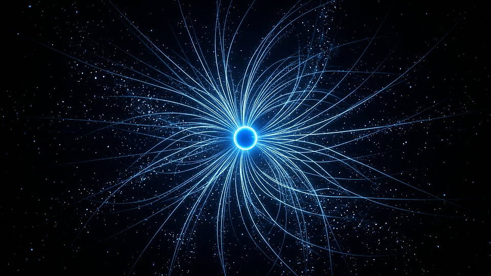 Illustration photoréaliste en lien avec la fiche « La charge élémentaire est la charge d'un proton, en valeur absolue. » : Charge élémentaire isolée et ses lignes de champ.