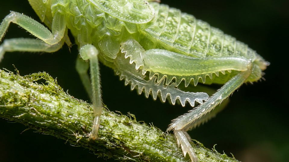Illustration photoréaliste en lien avec la fiche « La nymphe de la cicadelle Issus possède de vrais engrenages qui synchronisent ses pattes arrière. » : Nymphe de cicadelle : les dents de ses pattes arrière s'engrènent exactement.