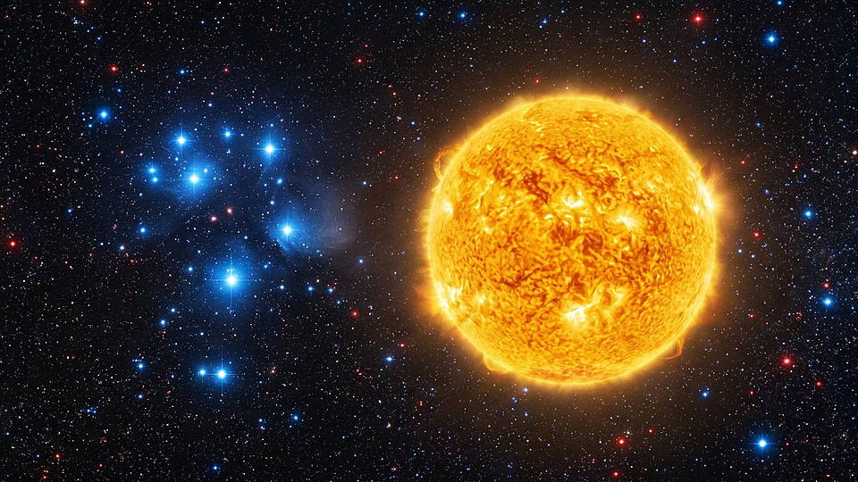 Illustration photoréaliste en lien avec la fiche « Une étoile parmi d'autres » : Étoile jaune de type solaire parmi des étoiles bleues et rouges.