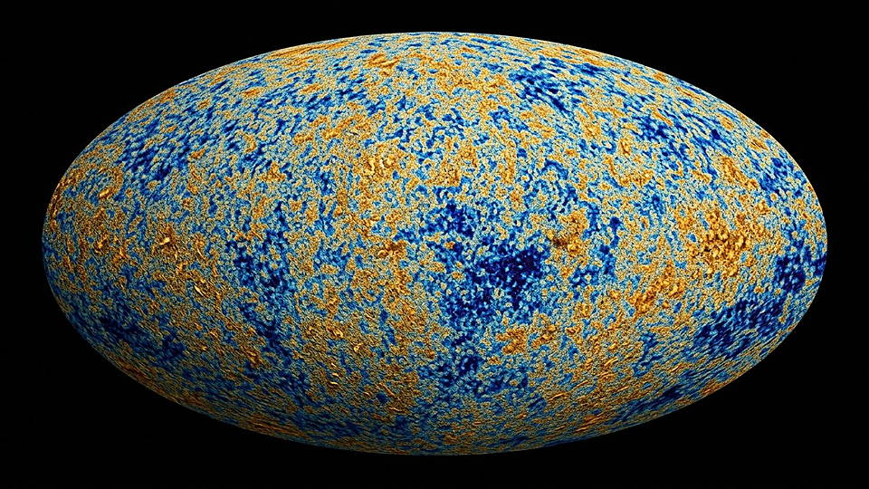 Illustration photoréaliste en lien avec la fiche « L'univers a un âge mesuré à partir du fond diffus cosmologique. » : Fond diffus cosmologique, mosaïque de taches chaudes et froides.