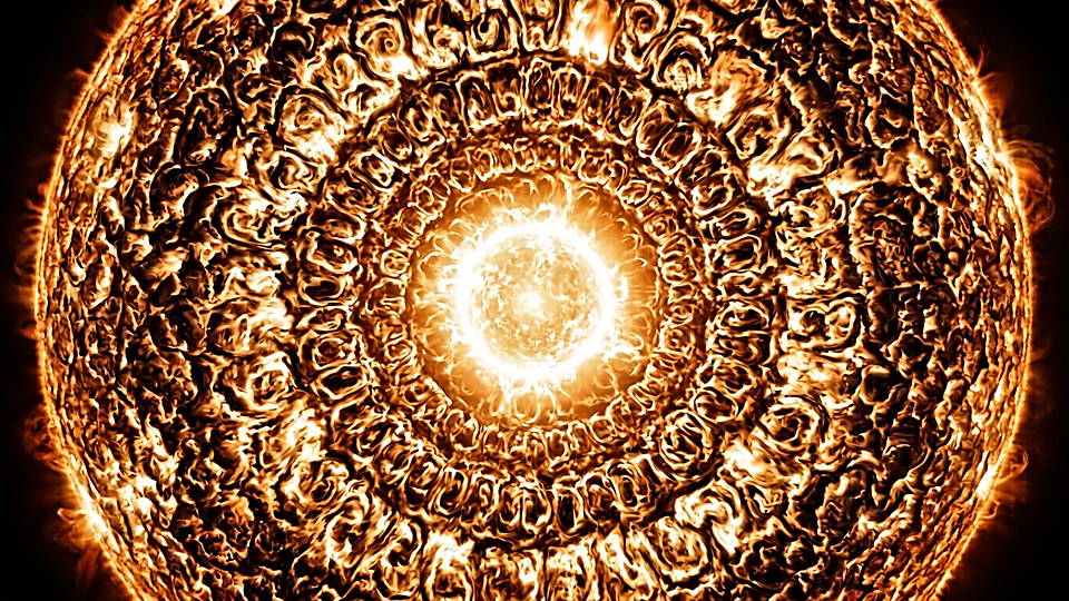 Illustration photoréaliste en lien avec la fiche « La température au centre du Soleil selon le modèle solaire. » : Cœur du Soleil et cellules de convection.