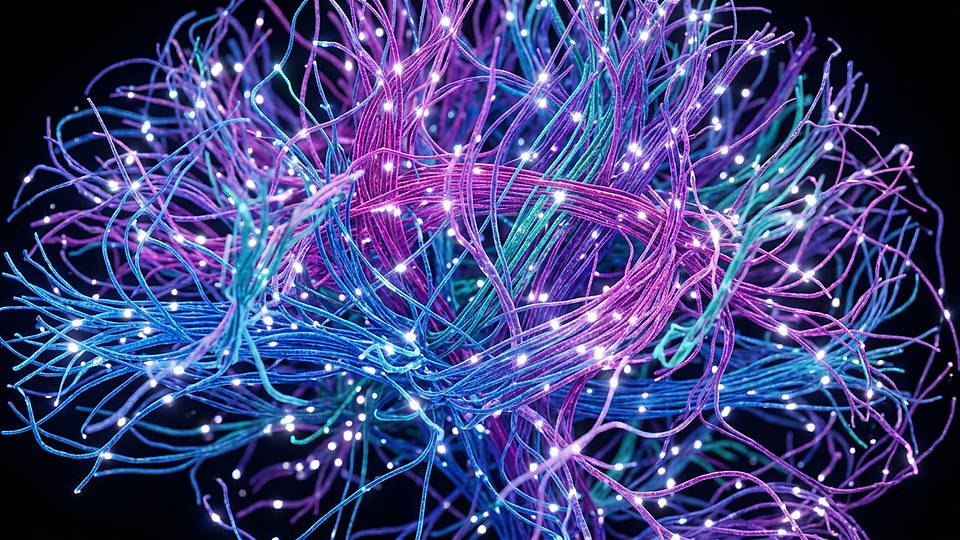 Illustration photoréaliste en lien avec la fiche « Un millimètre cube, 1,4 pétaoctet » : Câblage neuronal reconstruit en trois dimensions.