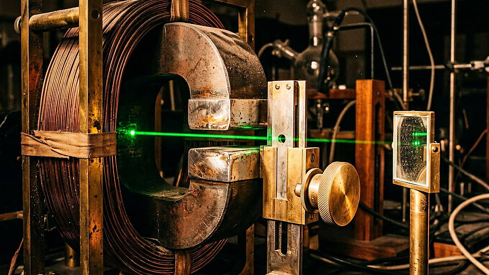 Illustration photoréaliste en lien avec la fiche « La constante de structure fine mesure la force de l'interaction électromagnétique. » : Aimant de précision, faisceau laser vert et bobines de cuivre : mesurer une constante fondamentale.