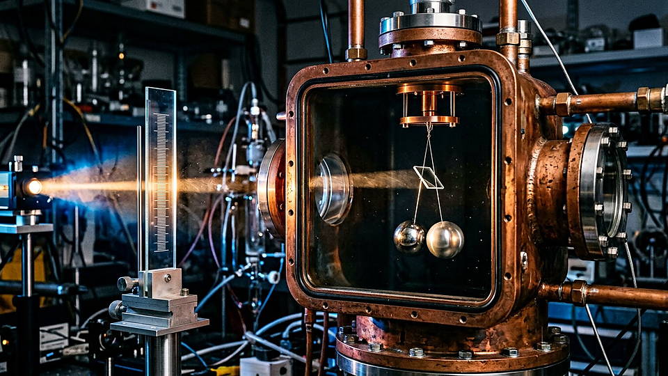 Illustration photoréaliste en lien avec la fiche « La constante gravitationnelle mesurée reste l'une des moins précises du tableau. » : Constante gravitationnelle : balance de Cavendish sous vide.