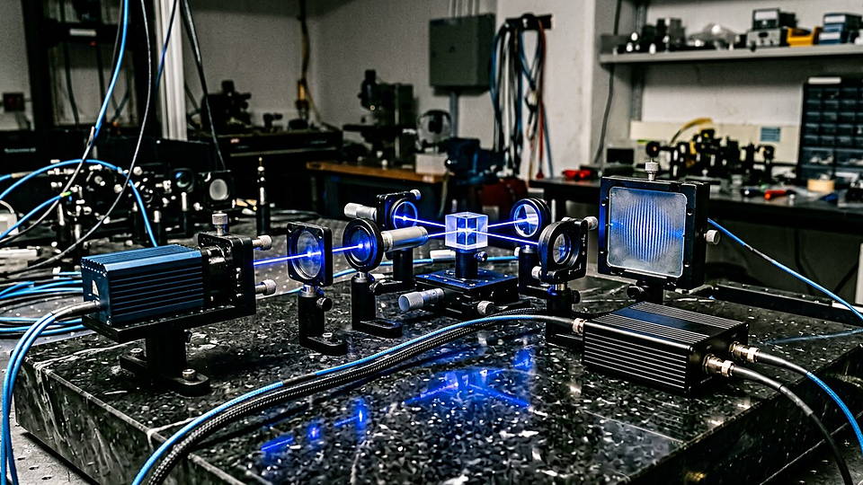 Illustration photoréaliste en lien avec la fiche « La constante de Planck relie l'énergie d'un photon à sa fréquence. » : Constante de Planck : oscillateur quantique étalonné.