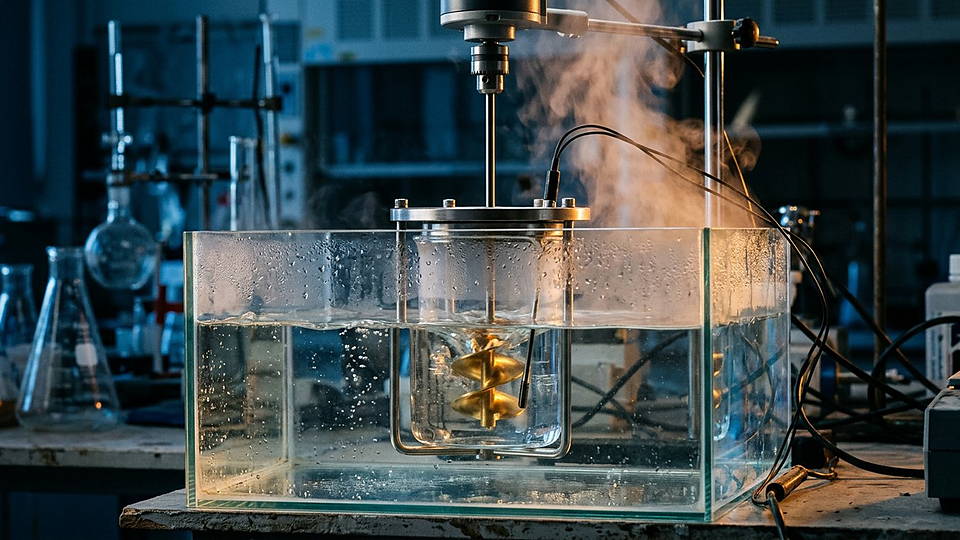 Illustration photoréaliste en lien avec la fiche « La constante de Boltzmann relie température et énergie à l'échelle microscopique. » : Constante de Boltzmann : calorimètre thermostaté.