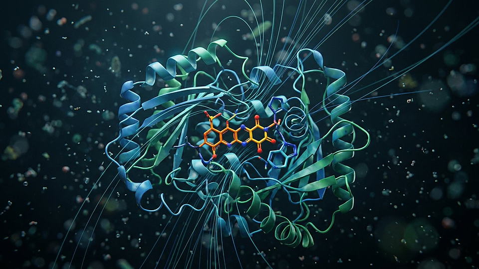 Illustration photoréaliste en lien avec la fiche « La protéine cryptochrome 4 du rouge-gorge est magnétosensible in vitro, plus que celle du poulet ou du pigeon. » : Cryptochrome dans un champ magnétique.