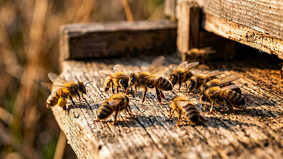 Illustration photoréaliste en lien avec la fiche « La danse des abeilles » : Abeille dansant en huit sur la planche d'envol, entourée de ses congénères.