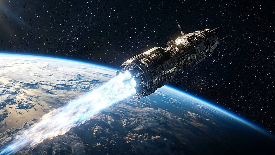 Illustration photoréaliste en lien avec la fiche « La vitesse d'échappement à la surface terrestre. » : Vitesse d'échappement : vaisseau quittant l'orbite.