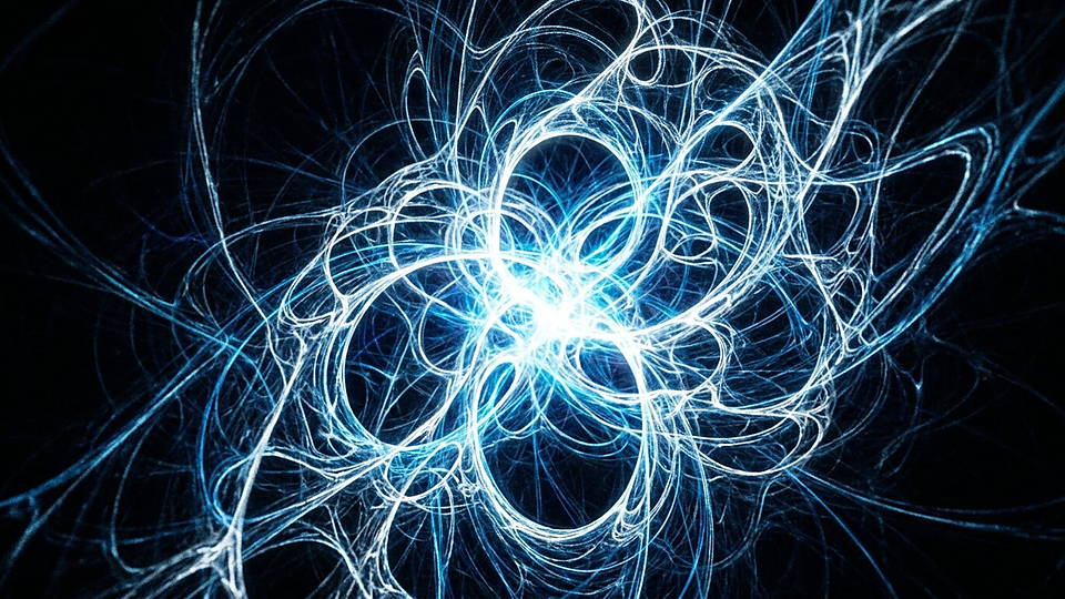 Illustration photoréaliste en lien avec la fiche « La longueur de Planck est une échelle théorique construite à partir de trois constantes. » : L'espace-temps à sa plus petite maille, boucles de lumière qui se referment.
