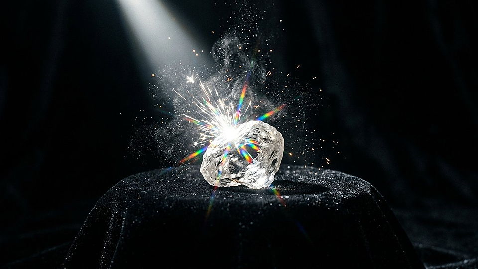 Illustration photoréaliste en lien avec la fiche « Einstein établit en 1905 qu'un corps qui cède de l'énergie perd de la masse. » : Cristal traversé par un faisceau : l'énergie libérée en éclats de lumière.