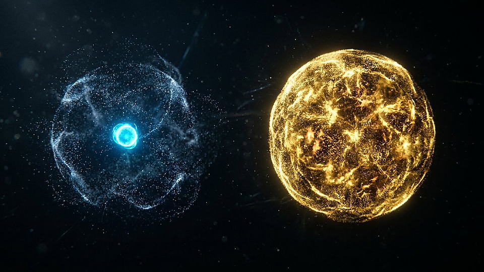 Illustration photoréaliste en lien avec la fiche « Le rapport des masses du proton et de l'électron est mesuré très précisément. » : Électron bleuté et proton doré comparés en volume.