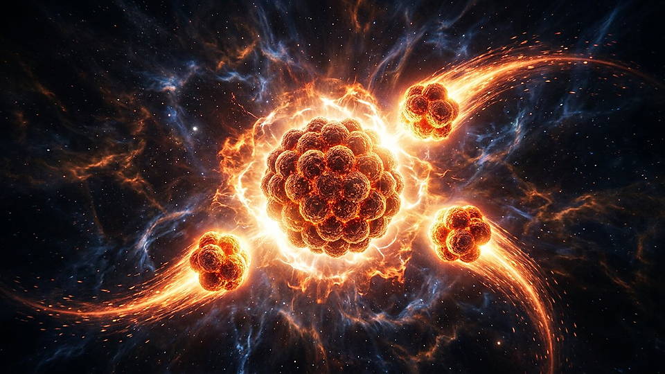 Illustration photoréaliste en lien avec la fiche « L'état de Hoyle » : Noyau de carbone et trois hélium en résonance.