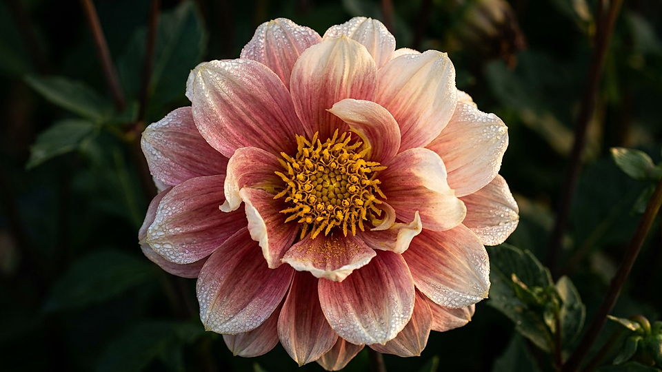 Illustration photoréaliste en lien avec la fiche « La feuille de lotus doit son autonettoyage à une texture cireuse micro- et nanométrique. » : Fleur de lotus rose et feuille couverte de perles d'eau à l'aube.