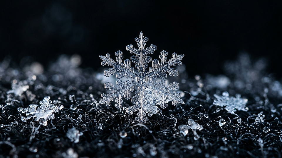 Illustration photoréaliste en lien avec la fiche « La glace flotte » : Flocon de neige isolé, structure hexagonale et dentelles de glace.
