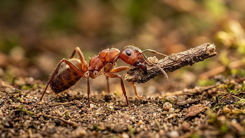 Illustration photoréaliste en lien avec la fiche « Des fourmis de feu forment des radeaux hydrophobes étudiés avec 500 à 8 000 individus. » : Fourmis formant un radeau compact à la surface de l'eau.