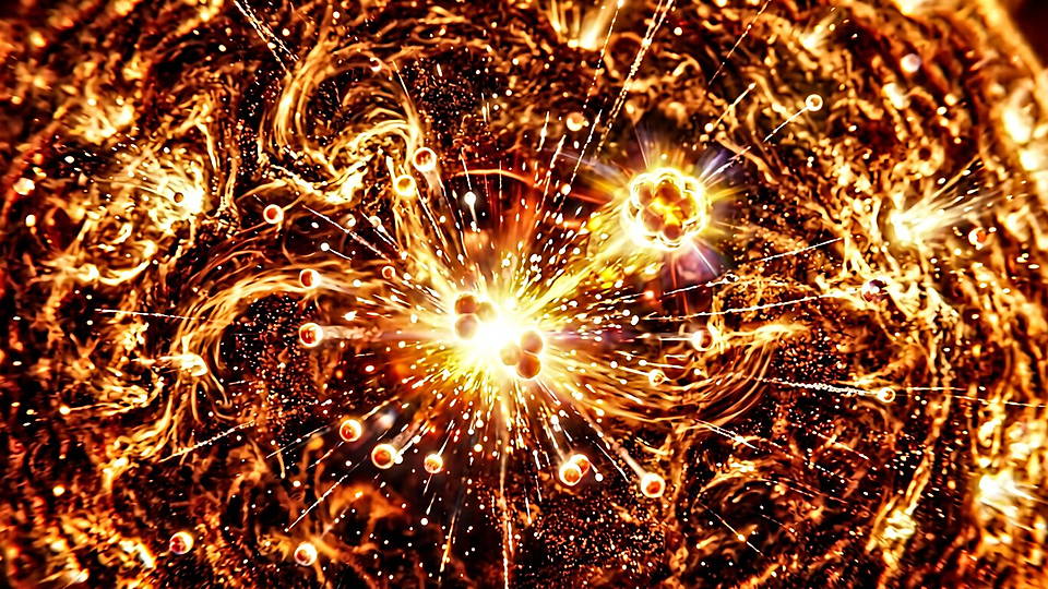 Illustration photoréaliste en lien avec la fiche « La fusion solaire » : Fusion thermonucléaire au cœur du Soleil.
