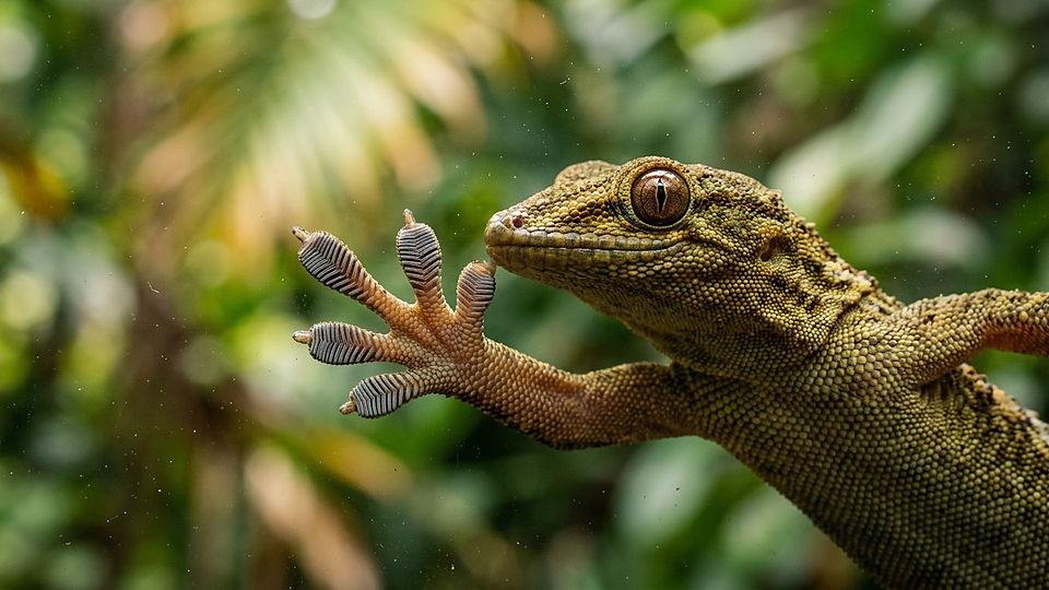 Illustration photoréaliste en lien avec la fiche « Le gecko » : Patte de gecko sur une paroi lisse, lamelles adhésives en éventail.