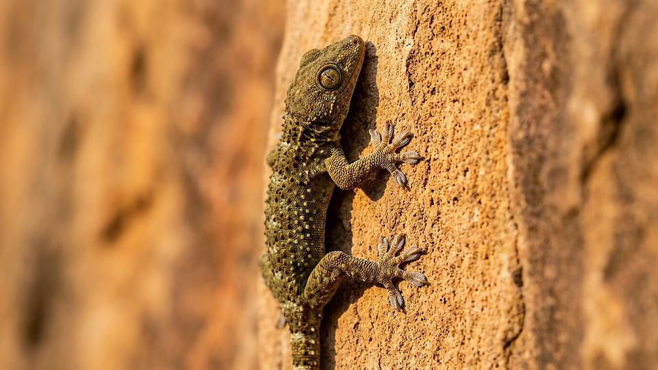 Illustration photoréaliste en lien avec la fiche « Une seule soie adhésive de gecko développe une force d'environ 194 micronewtons. » : Gecko sur paroi verticale, pelotes adhésives.