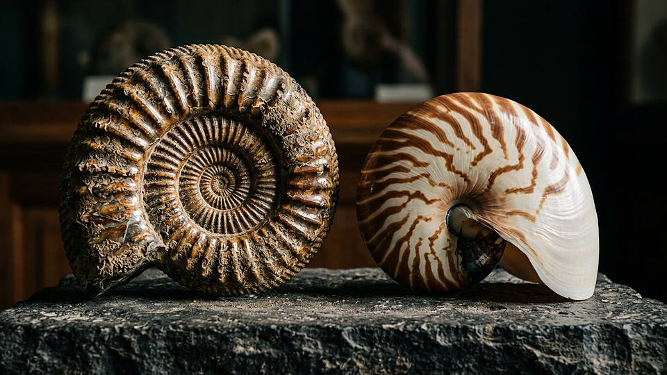 Illustration photoréaliste en lien avec la fiche « Le pavage hexagonal régulier minimise le périmètre pour des surfaces d'aire égale. » : Ammonite fossile et nautile sur socle de pierre, spirale logarithmique.