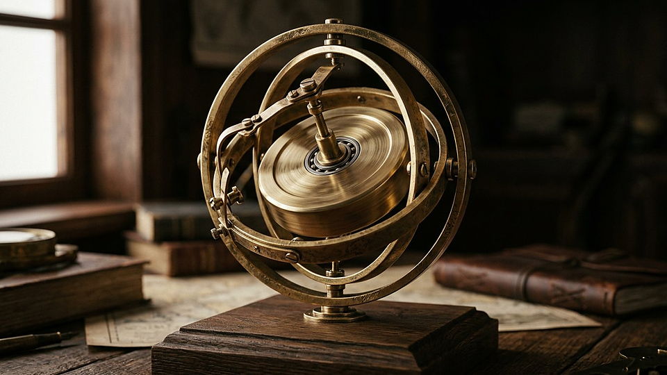 Illustration photoréaliste en lien avec la fiche « La période de rotation sidérale de la Terre. » : Gyroscope de précision en laiton sur socle.