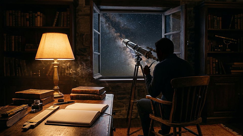 Illustration photoréaliste en lien avec la fiche « Fred Hoyle a écrit qu'une interprétation sensée des faits suggérait l'intervention d'un « superintellect ». » : Astronome dans son bureau la nuit, carnet vierge.