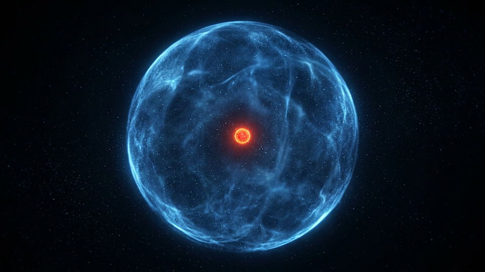 Illustration photoréaliste en lien avec la fiche « Le rayon de Bohr donne l'échelle typique d'un atome d'hydrogène. » : Atome d'hydrogène, proton et voile électronique.