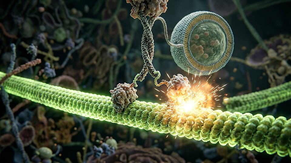 Illustration photoréaliste en lien avec la fiche « La kinésine avance par pas de 8 nanomètres en consommant une molécule d'ATP par pas. » : Kinésine marchant sur un microtubule.