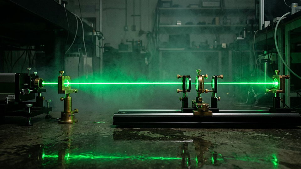 Illustration photoréaliste en lien avec la fiche « La longueur d'onde de Compton de l'électron fixe une échelle quantique. » : Laser de table, faisceau vert et miroirs de renvoi.