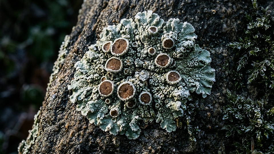 Illustration photoréaliste en lien avec la fiche « Sagesse » : Lichen crustacé sur pierre, coupes et rosée.