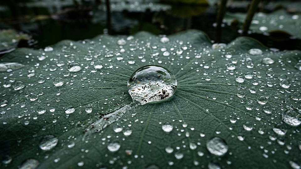 Illustration photoréaliste en lien avec la fiche « La feuille de lotus » : Feuille de lotus et gouttes perlantes.