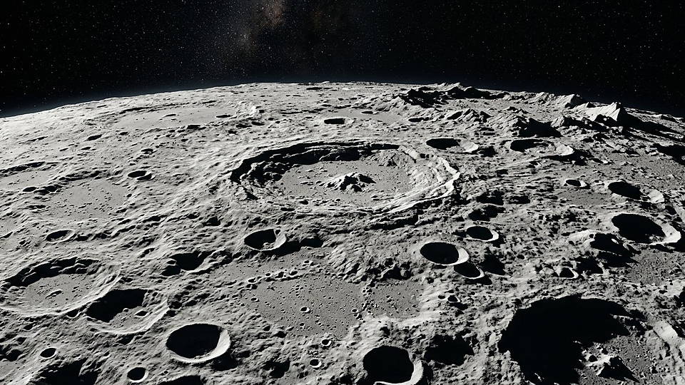 Illustration photoréaliste en lien avec la fiche « Le rôle discuté de la Lune » : Surface lunaire cratérisée dans l'espace.