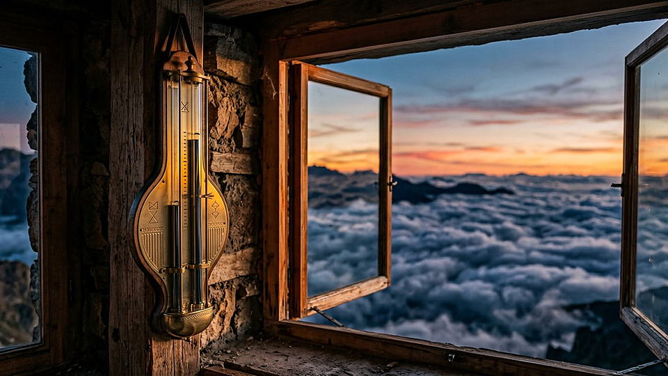 Illustration photoréaliste en lien avec la fiche « La masse totale de l'atmosphère terrestre. » : Baromètre à mercure en laiton devant une mer de nuages au crépuscule.