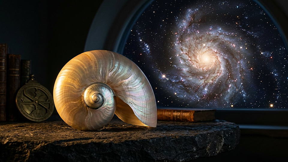 Illustration photoréaliste en lien avec la fiche « L'efficacité des mathématiques » : Nautile et galaxie spirale : la même spirale dans la main et dans le ciel.