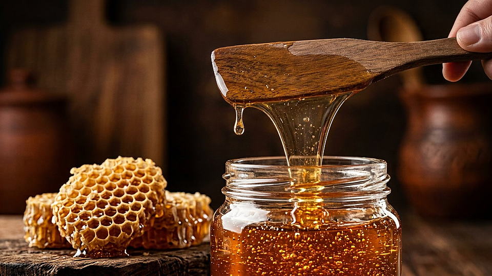 Illustration photoréaliste en lien avec la fiche « Les alvéoles » : Rayon de miel frais, alvéoles hexagonales et gouttes ambrées.