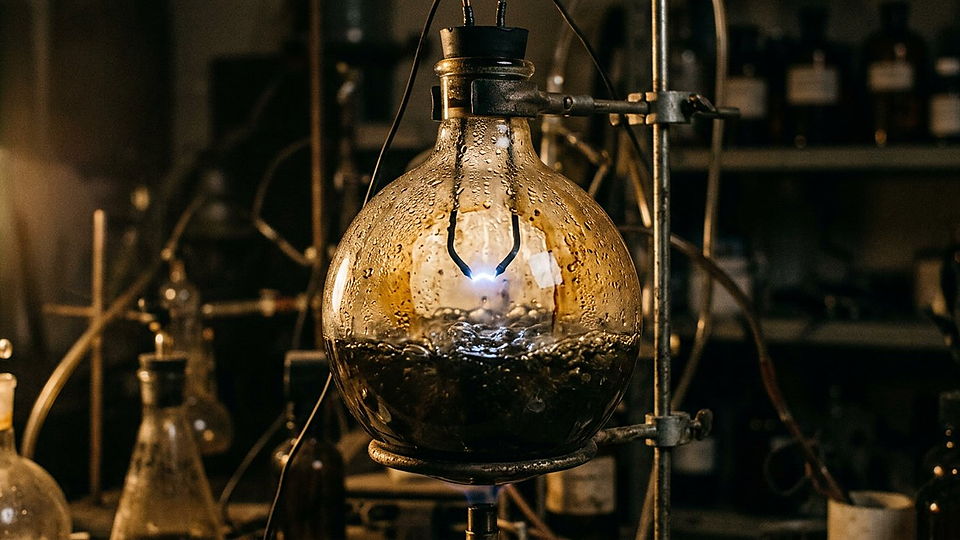 Illustration photoréaliste en lien avec la fiche « L'expérience de Miller-Urey » : Ballon scellé de l'expérience de Miller, électrodes et dépôt organique.